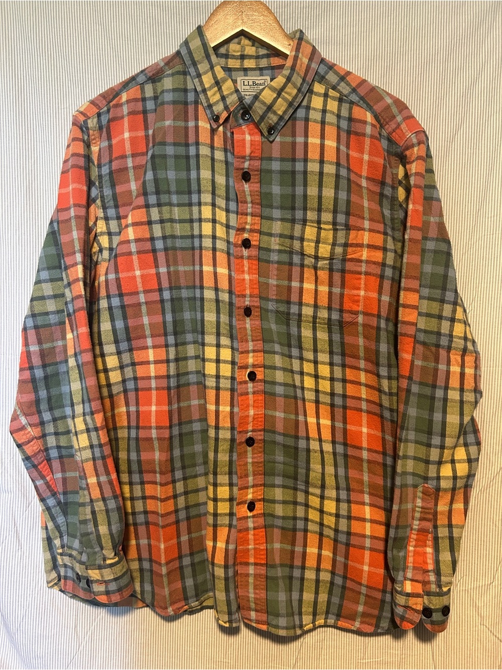 L.L. Bean Plaid Button-Down Shirt — Orange, Green, Yellow
